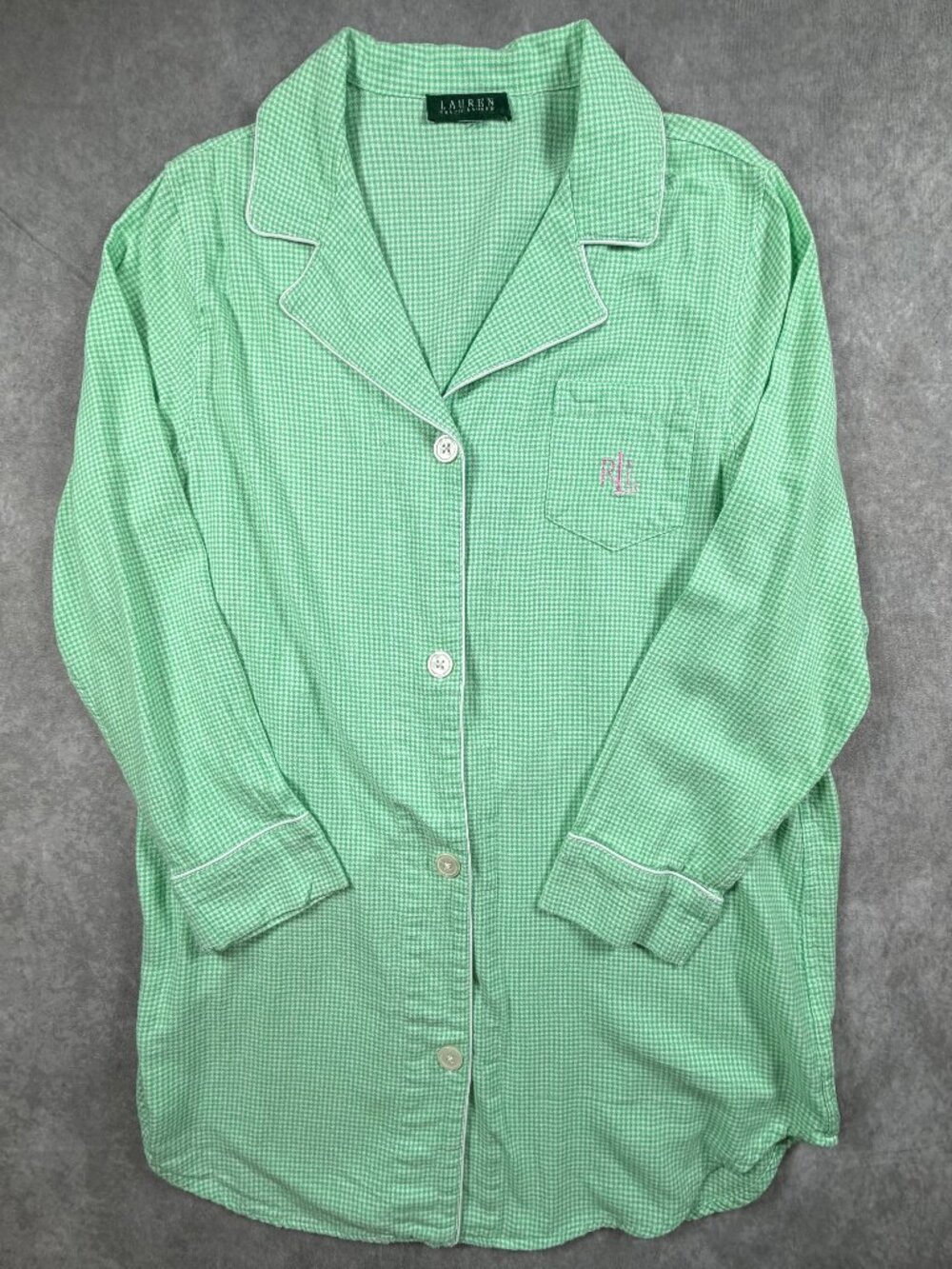 Lauren Ralph Lauren Women's Sleep Shirt Green Gingham Button Up Pajama M